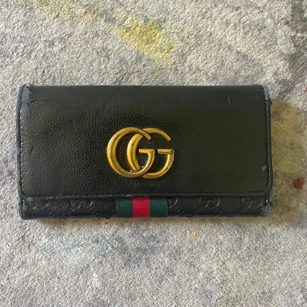 Gucci‎ Marmont Web Stripe Black Leather Continental Wallet Gold GG Logo Trifold